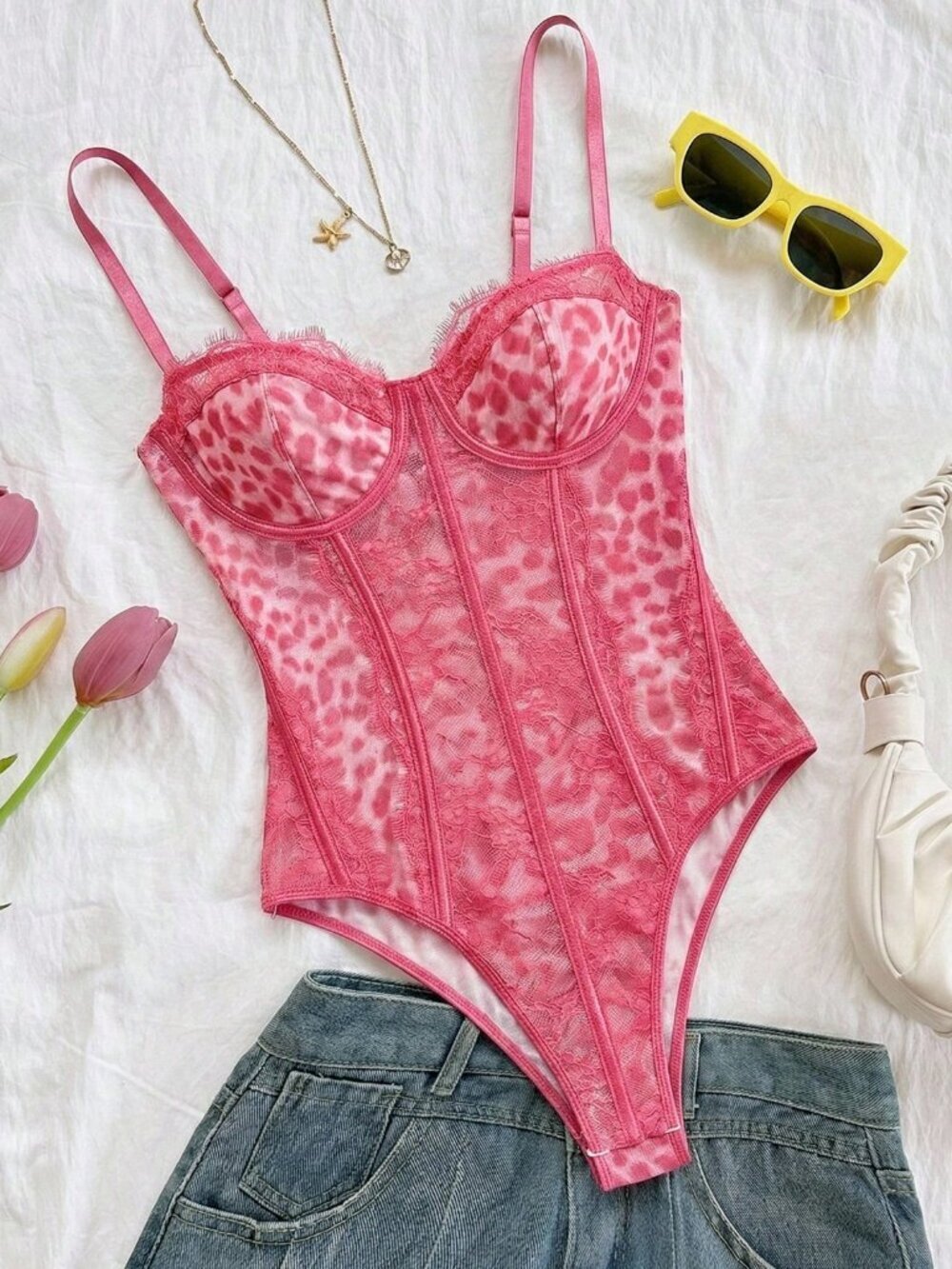 Pink Elegant Women's Leopard Print Bustier Lace Trim Camisole